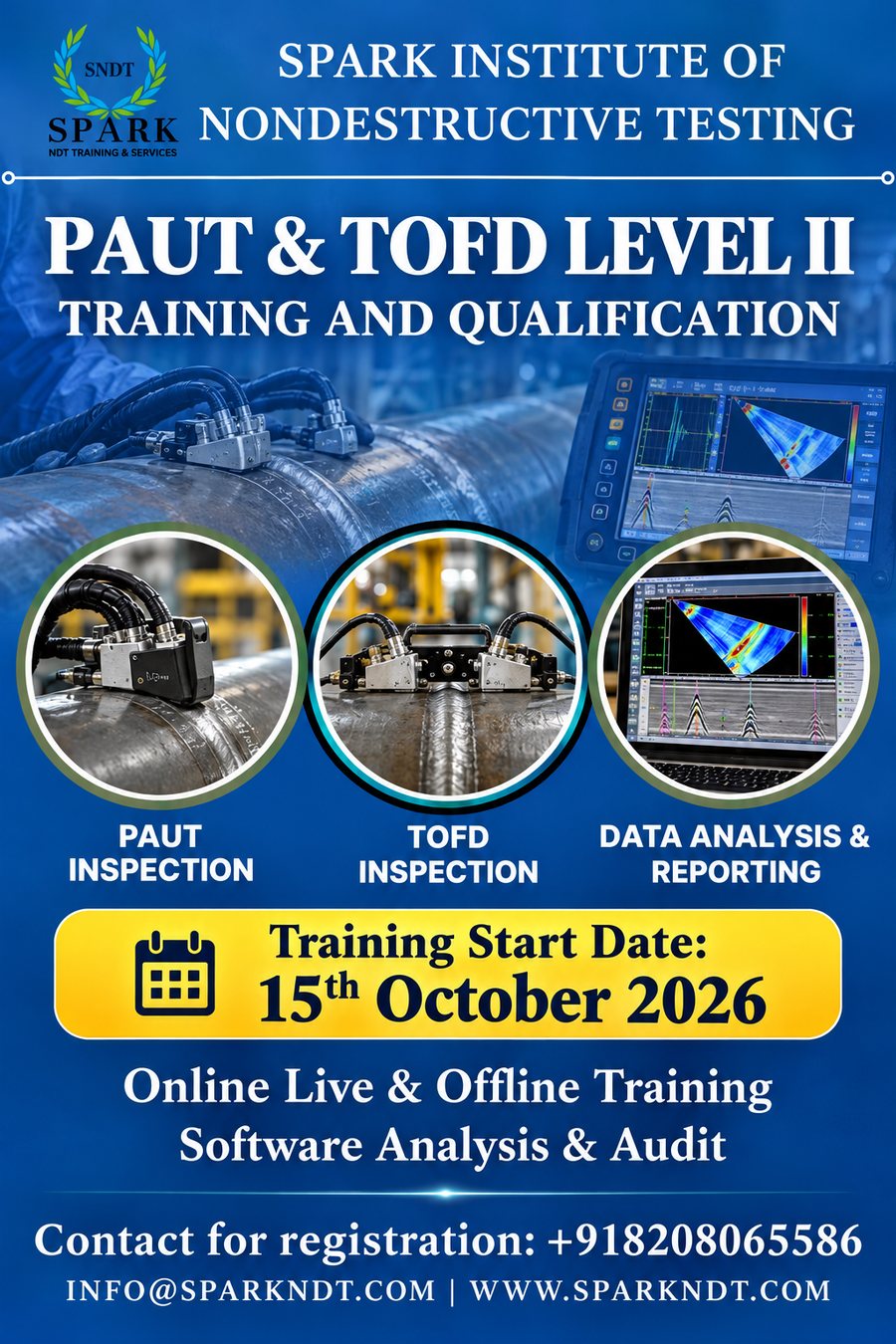 Spark Institute of Nondestructive Testing poster for PAUT and TOFD Level II training and qualification covering PAUT inspection, TOFD inspection and data analysis and reporting, online live and offline batches